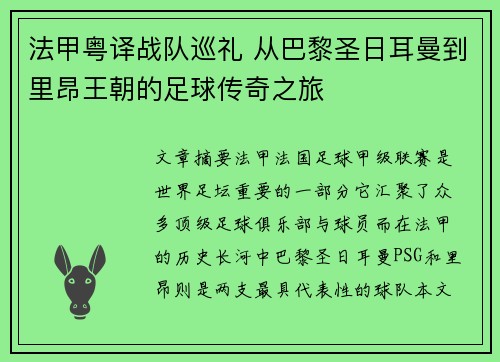 法甲粤译战队巡礼 从巴黎圣日耳曼到里昂王朝的足球传奇之旅