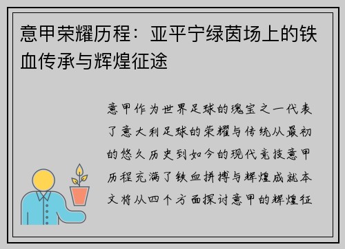 意甲荣耀历程：亚平宁绿茵场上的铁血传承与辉煌征途