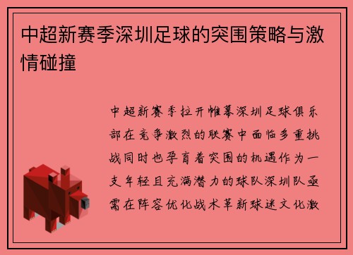 中超新赛季深圳足球的突围策略与激情碰撞