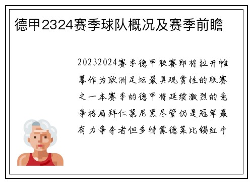 德甲2324赛季球队概况及赛季前瞻