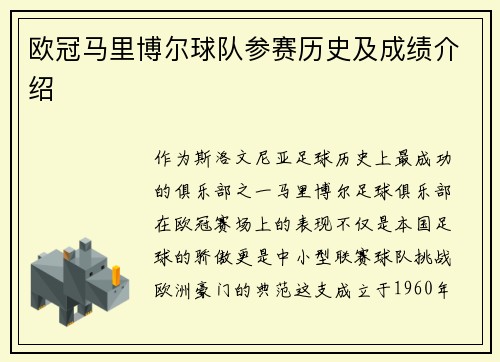 欧冠马里博尔球队参赛历史及成绩介绍